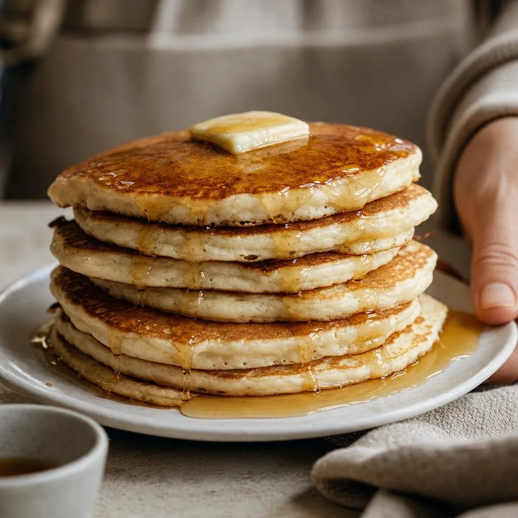 A tall stack of fluffy buttermilk pancakes being served